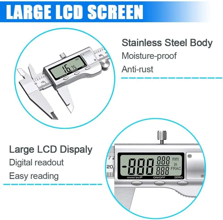 Digital Caliper 150Mm Stainless Steel - Paquímetro Eletrônico de 6 Polegadas, Ferramenta